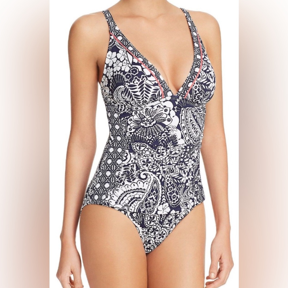 Tommy Bahama Navy/White Paisley V Neck One Piece Swimsuit